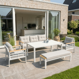 Diningset Blakes 7-Persoons Tuinset Wit Aluminium/Hout
