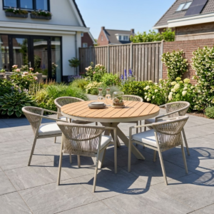Ronde Beige Diningset met stapelbare tuinstoelen