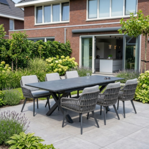 Diningset Monte Carlo Antraciet - Tuintafel 180-240cm + 6 Dakota Tuinstoelen