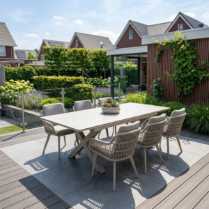 Warmwitte diningset monte carlo inclusief 6 beige stoelen. Deze beige tuintafel met stoelen is perfect.