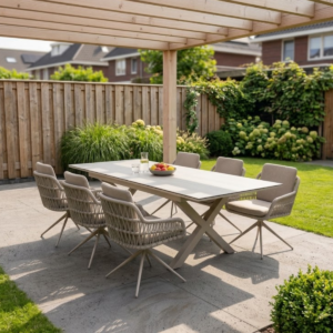 Diningset Monte Carlo Warm Wit - Tuintafel 180-240cm + 6 Sevilla Draaibare Tuinstoelen