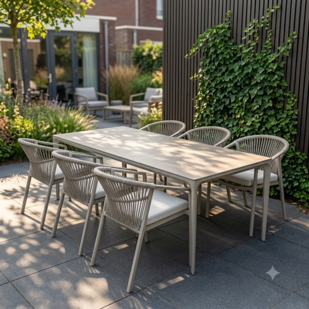 Diningset Vienna Warm Wit – Tuintafel 200cm + 6 Valencia Tuinstoelen