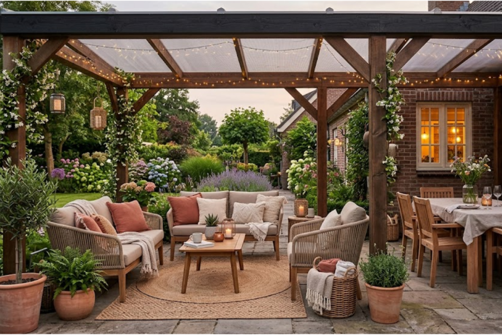 Overkapping inrichten met loungeset en tuinset: zo maak je er een sfeervolle buitenkamer van