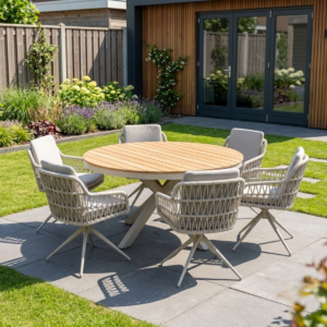 Tuinset 6 personen Calgary warm wit – aluminium ronde tuintafel 140 cm + 6 draaibare stoelen (1)