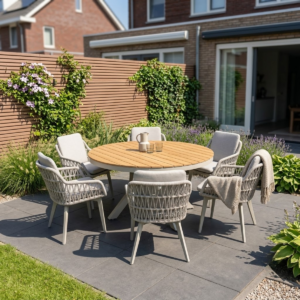 Tuinset 6 personen Calgary warm wit – aluminium ronde tuintafel 140 cm + 6 stoelen met rugkussen