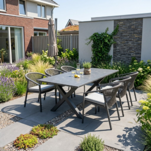 Uitschuifbare tafel met 6 stapelbare stoelen