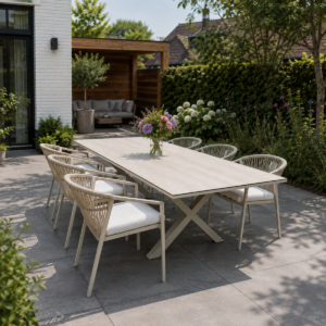 Tuinset 6 personen Monte Carlo warm wit – aluminium uitschuifbare tuintafel 180-240 cm + 6 stapelbare stoelen
