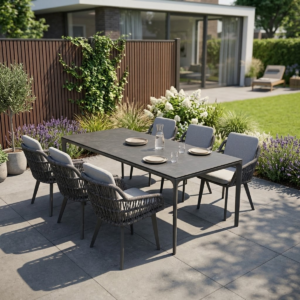 Tuinset 6 personen Vienna antraciet – aluminium tuintafel 200 cm + 6 stoelen met rugkussens (1)