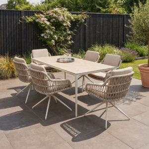Tuinset 6 personen Vienna warm wit – aluminium tuintafel 200 cm + 6 draaibare stoelen