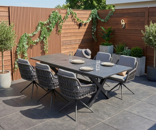 Diningset Monte Carlo Antraciet - Tuintafel 180-240cm + 6 Sevilla Draaibare Tuinstoelen
