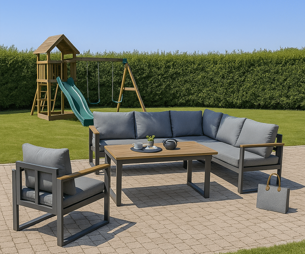 Loungeset Cube Antraciet Hoekbank Diningset Aluminium/Hout – 22380A