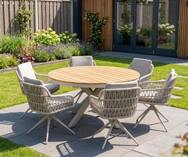 Tuinset 6 personen Calgary warm wit – aluminium ronde tuintafel 140 cm + 6 draaibare stoelen (1)